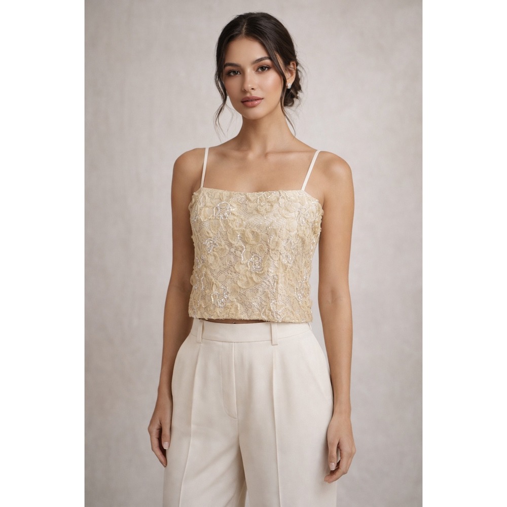 Unbranded Floral Lace Cami Women Small Champagne Gold 3D Rosette Sequin Crop Top